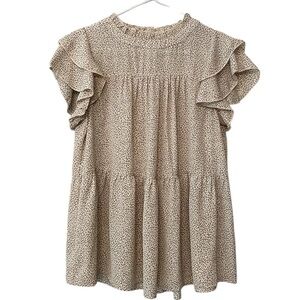 JODIFL S Creamy Mini Leopard Animal Print Blouse Dainty Ruffle Sleeves NWOT